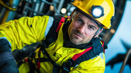 focused worker in yellow safety suit and helmet, equipped with headlamp, showcases determination in challenging environment