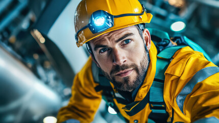 Fototapeta premium focused male worker in yellow safety helmet and jacket, equipped with headlamp, showcases determination in professional environment. His expression reflects concentration and readiness for task
