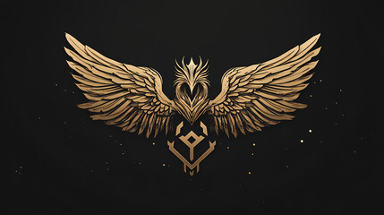Bold graphic logo incorporating valkyrie wings with a norse rune at the centerblending mythology with contemporary design aesthetics. Valkyrie on Wings. Illustration