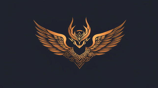 Bold graphic logo incorporating valkyrie wings with a norse rune at the centerblending mythology with contemporary design aesthetics. Valkyrie on Wings. Illustration