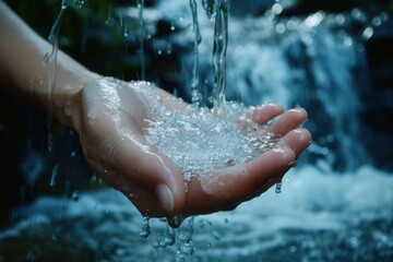 Fototapeta premium Water flows over a hand being washed, creating ripples as it cascades from a natural source in a serene, outdoor environment. Generative AI