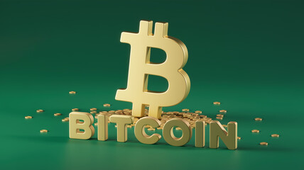 3D Bitcoin logo with scattered coins on green background, Generative AI