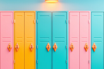 Brightly colored geometric school lockers in vibrant hues create cheerful atmosphere.