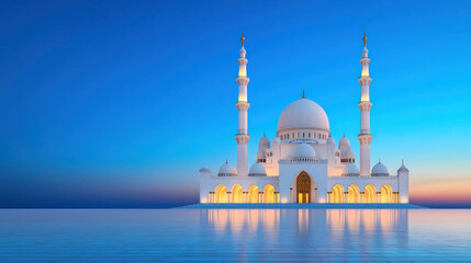 Naklejka premium Majestic mosque standing tall with glowing minarets against serene sky.