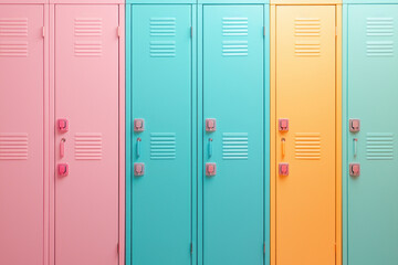 Vibrant pastel school lockers in pink, blue, and orange create cheerful atmosphere.