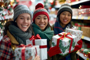 At a festive market, friends are seen shopping for Christmas gifts, reveling in the holiday spirit and togetherness. The joyful atmosphere spreads happiness and celebrates the season