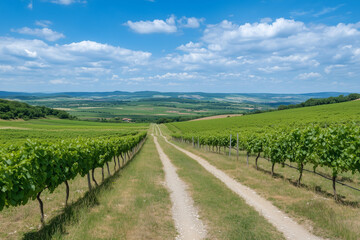 Fototapeta premium Scenic Vineyard Pathway Under a Bright Blue Sky