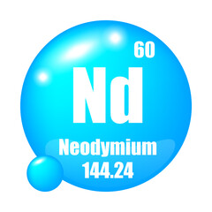 Neodymium icon. Nd chemical element. Atomic number 60. Mass 144.24. Blue sphere vector.