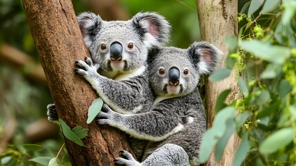 Fototapeta premium Affectionate Koala Family Clinging to Eucalyptus Tree in Australian Forest