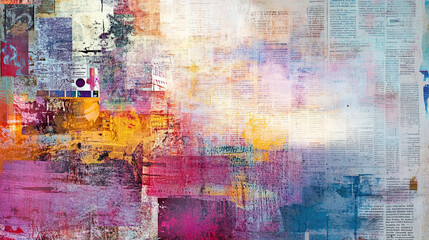 Fototapeta premium Abstract backdrop with collage of newspaper or magazine clippings, colorful grunge background with graffiti