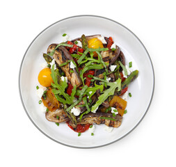 Tasty salad with grilled vegetables in bowl isolated on white, top view