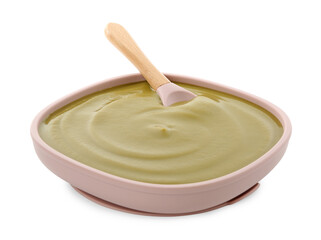 Tasty baby food and spoon isolated on white