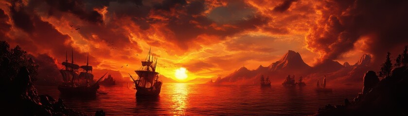 Fototapeta premium A stunning sunset over the ocean with silhouettes of ships against the colorful sky.