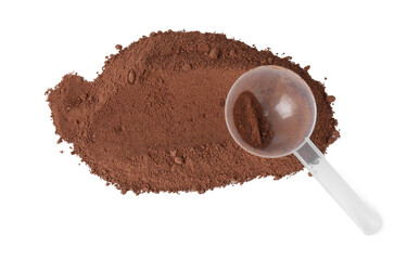 Protein powder and scoop isolated on white, top view