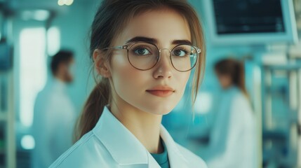 Fototapeta premium Beautiful young woman scientist wearing white coat and glasses in modern Medical Science Laboratory with Team of Specialists on background.