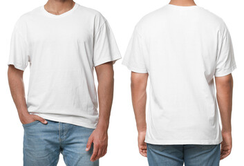 Man in white t-shirt on white background, closeup. Collage of photos