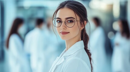 Fototapeta premium Beautiful young woman scientist wearing white coat and glasses in modern Medical Science Laboratory with Team of Specialists on background.