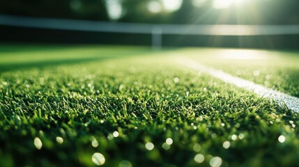 Naklejka premium Close-up grass tennis court, freshly cut grass on a tennis court before a tournament