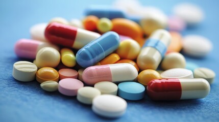 Colorful medicine tablets antibiotic pills on soft blue background