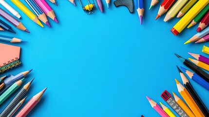 Fototapeta premium Colorful Stationery on Blue Background