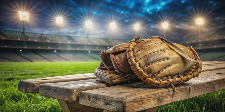 A worn baseball mitt lies on a weathered wooden bench surrounded by fresh-cut green grass and a hint of stadium lights in the background.
