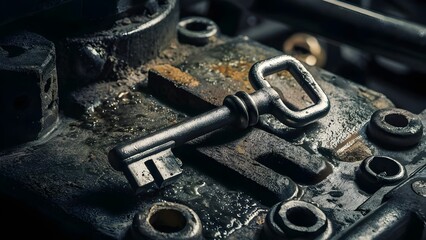 Heavy-Duty Steel Key on Greasy Workbench