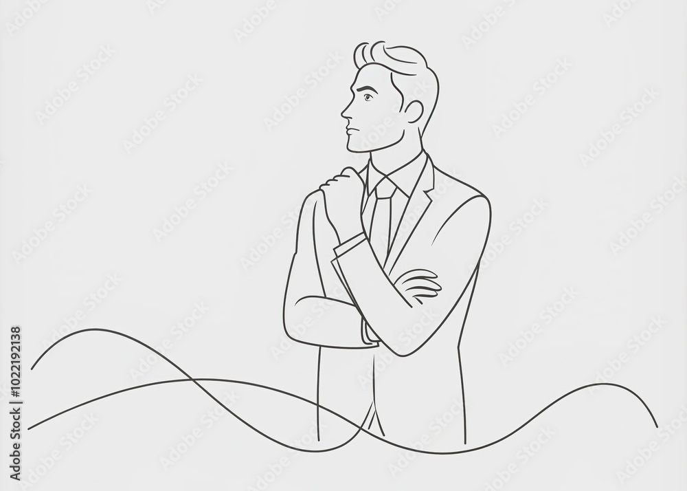 Wall mural Business concept illustration of a continuous line drawing of a suit-clad male figure with crossed arms, deep in thought, symbolizing confidence and contemplation.