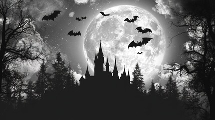Fototapeta premium Dark Castle with Bats and Full Moon in Night Sky