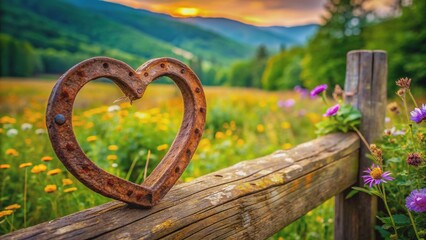 Obraz premium A lone, rusty heart-shaped horseshoe rests on a weathered wooden fence post, surrounded by lush greenery and wildflowers in a serene countryside setting.