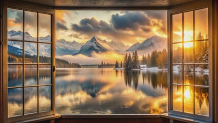 Serene rainy window view captures misty lake and majestic snow-capped mountains under warm golden sunset hues, evoking cozy and peaceful atmosphere.
