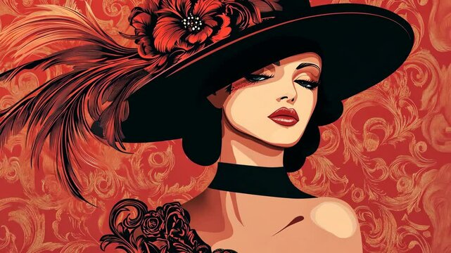 A woman in a black hat with a red flower adorns her head, looking at the camera with a serious expression