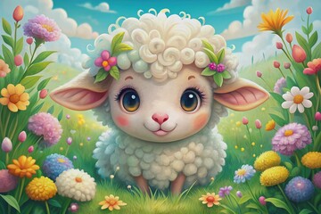 Adorable cartoon sheep with fluffy white fur and sweet facial expression, surrounded by colorful flowers and greenery, perfect for nursery or kids' decor.
