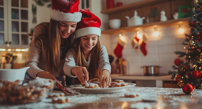 A mother and daughter are creating lasting Christmas memories baking cookies in a beautifully decorated, festive kitchen, filled with joy and warmth, cherishing their time together