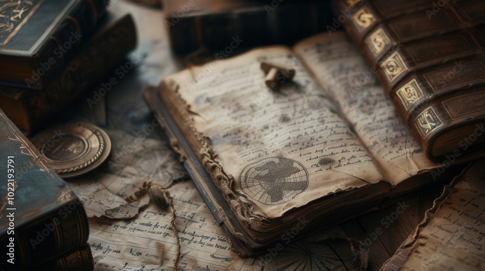 Poster Ancient books and scrolls are displayed amidst historical artifacts, offering a glimpse into a rich past filled with knowledge. Generative AI