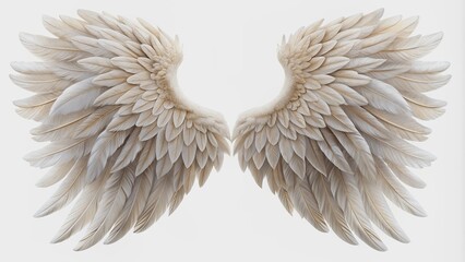 Fototapeta premium Beautiful, delicate, and intricately detailed angel wings isolated on a pure white background, radiating innocence and serenity, with gentle curves and soft feather texture.
