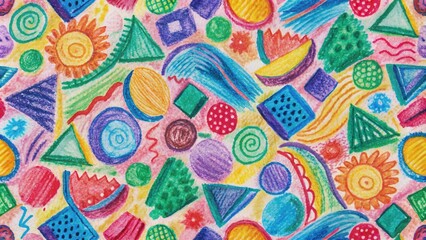 Naklejka premium Vibrant crayon doodle elements in seamless pattern, abstract shapes and texture create a colorful modern background perfect for textile, design, and packaging applications.