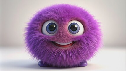 Fototapeta premium A small, rounded, fluffy, purple monster with large, shiny, hopeful eyes and a smiling mouth, exuding innocence and playfulness in a whimsical isolated setting.
