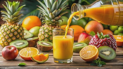 Vibrant orange juice pouring into a glass, surrounded by a colorful arrangement of sliced tropical fruits, including pineapple, mango, and kiwi, on a wooden table.