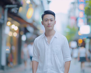 Fototapeta premium Young Man in White Shirt Walking in Urban Street at Dusk, Background Bokeh Lights, Modern City Life and Lifestyle Concept