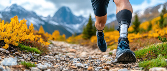 Exploring nature with innovative outdoor sports prosthetic leg during a trail run adventure.