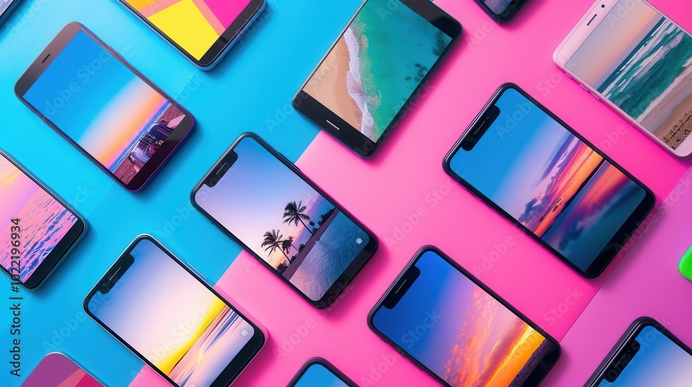 Poster a variety of smartphones showcase engaging stories and short videos on lively backgrounds during an 