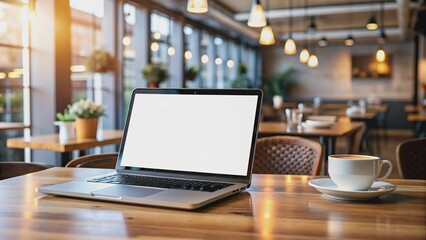 Blank screen of laptop computer on wooden table in modern restaurant shop setting, surrounded by coffee cup and lamp, ideal for workspace or eatery promotional content.