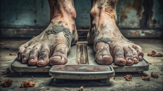 Ominous, gargantuan feet, encrusted with dirt and filth, loom large on worn, ancient scales, evoking haunting imagery reminiscent of classic horror film terror.