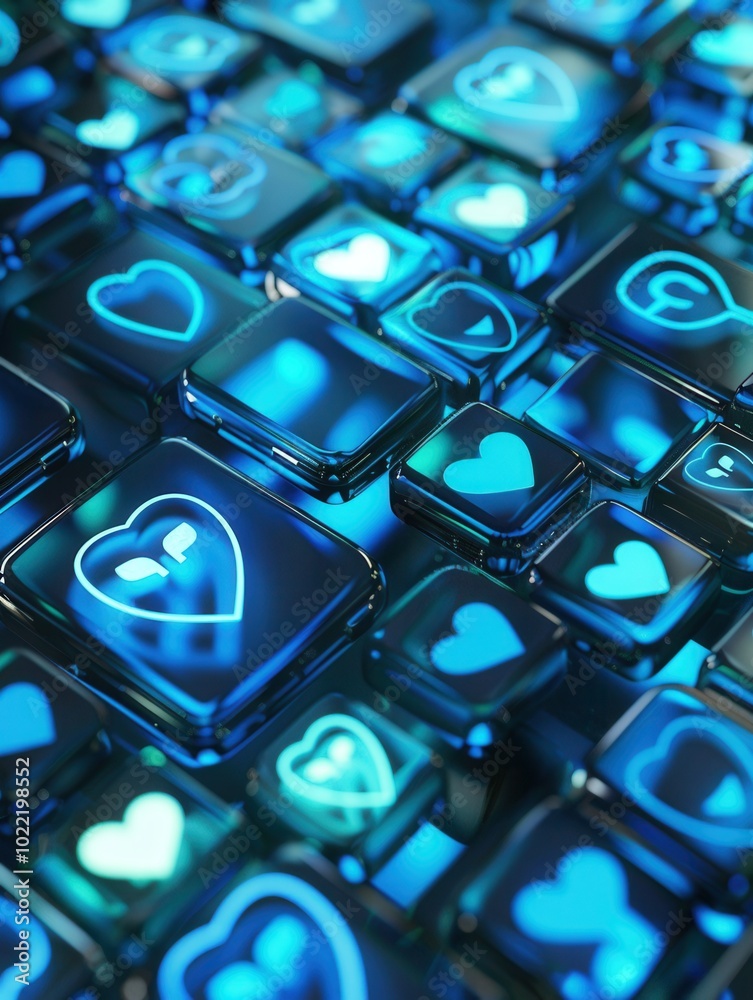 Poster Bright blue like and comment icons appear on smartphone screens, symbolizing engagement and interaction in digital communication. Generative AI