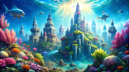 An underwater city with mermaids and colorful coral reefs
