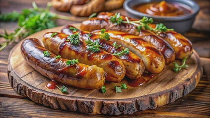 Fototapeta premium Juicy grilled BBQ sausages smothered in tangy sauce and caramelized onions, sizzling hot and perfectly charred, served on a rustic wooden platter.