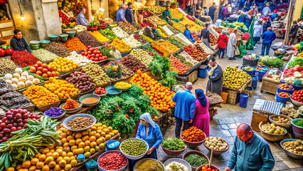 A vibrant market scene with colorful fruits, spices, and people bustling around