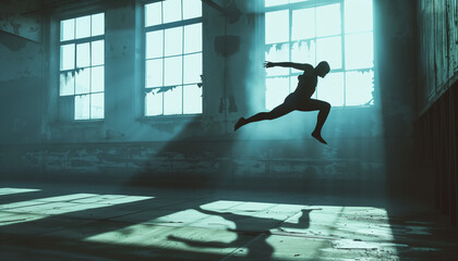 Dynamic Silhouette Leaping in Sunlit Abandoned Warehouse Photograph ? Creative Sport and Fitness Concept