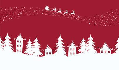 Christmas Background. Winter Village. Seamless Border. Fairy Tale Winter Landscape. Santa Claus is Riding Across the Sky on Deer with Plume. White Houses, Fir trees on Red Background. Vector