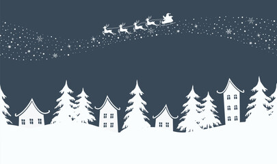 Christmas Background. Winter Village. Seamless Border. Fairy Tale Winter Landscape. Santa Claus is Riding Across the Sky on Deer with Plume. White Houses, Fir trees on Dark Blue Background. Vector
